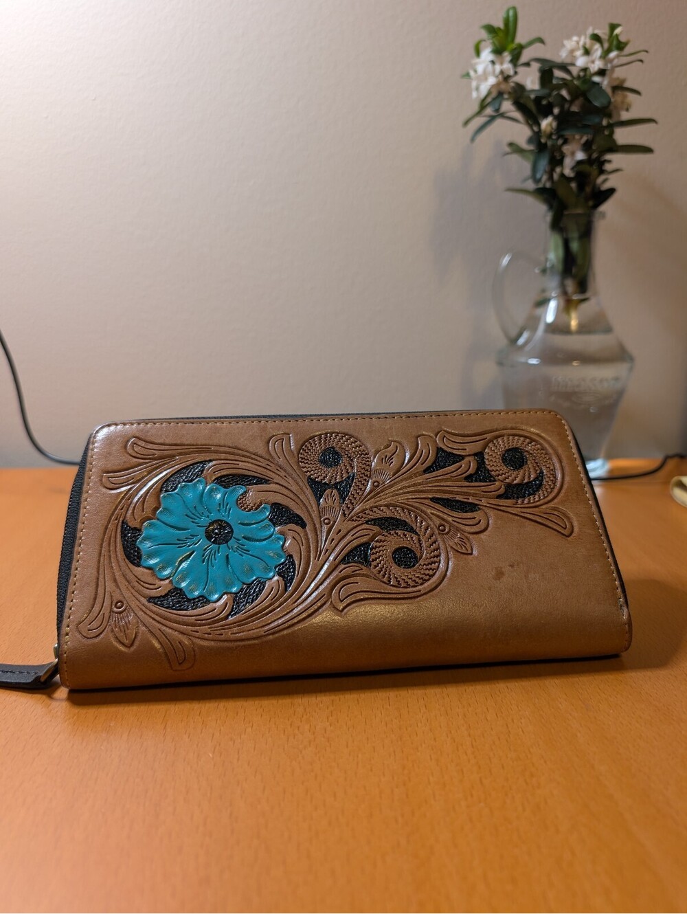 2082 - Brown Leather Wallet with Turquoise Floral Design